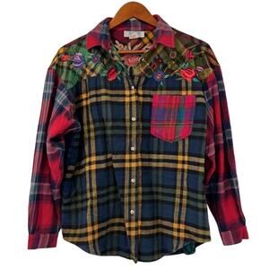 Vibrant plaid with beautiful floral embroidery front and back 2X